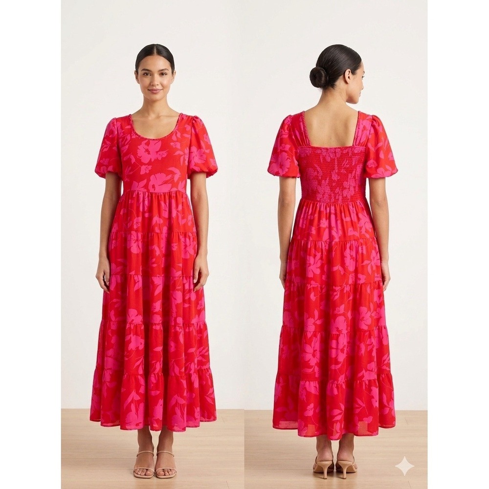 Woman's Vibrant Pink Red Floral Maxi Dress – Puff Sleeve Tiered Summer Dress L